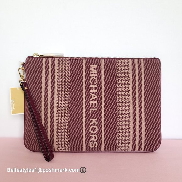 MICHAEL KORS Jet Set Signature Jacquard Large Zip Pouch Wristlet- Dark Berry - Picture 1 of 16
